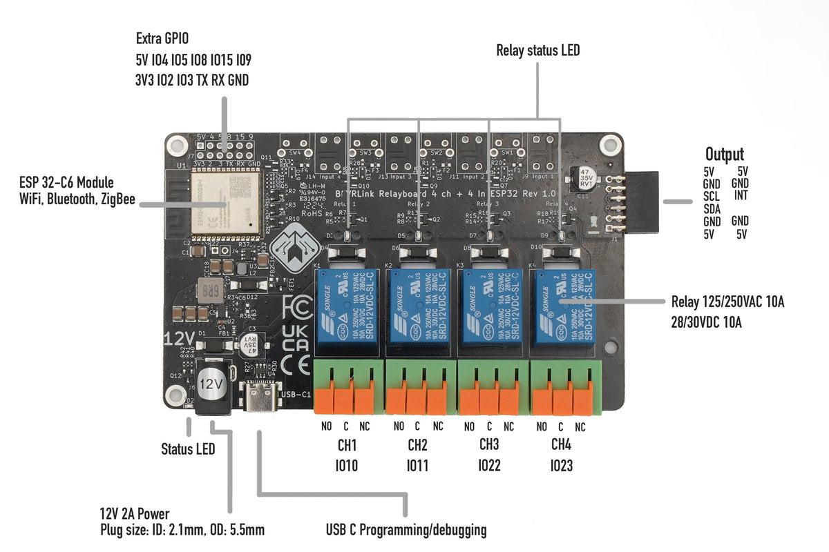 BEVRLink Relay Module, 4 Channel, 12V, ESP32 C6 WiFi, Bluetooth, Zigbee, Matter